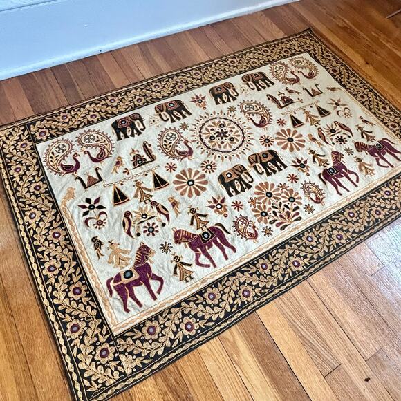 Vintage Indian Kantha Embroidered Tapestry – Elephants, Horses & Folk Motifs - Picture 1 of 14